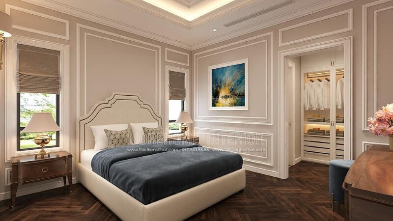 Sắp xếp nội thất phòng ngủ tân cổ điển có tủ quần áo đẹp, sang trọng. Thiết kế phòng ngủ biệt thự