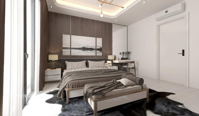 Trang trí nội thất phòng ngủ hiện đại ấn tượng với chất liệu gỗ óc chó sang trọng từ gỗ ốp tường, giường ngủ gỗ, đôn sofa,.. Thiết kế phòng ngủ biệt thự
