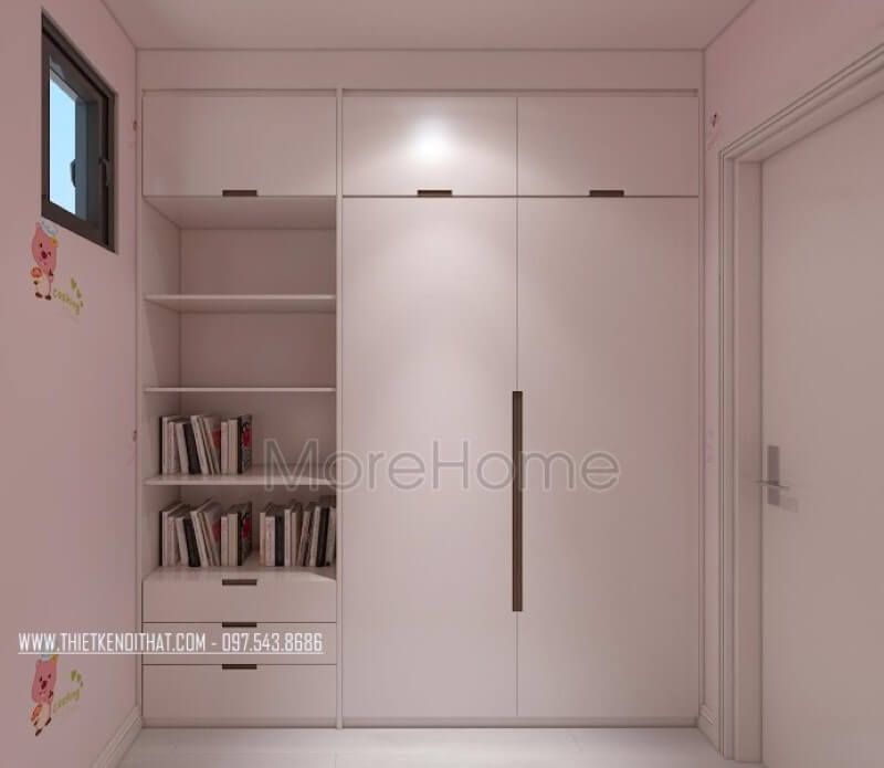 Tủ quần áo kết hợp kệ hở để sách vừa tiện dụng vừa gọn gàng cho phòng ngủ bé gái. Thiết kế phòng ngủ biệt thự