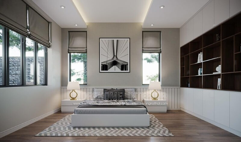 Tranh treo tường canvas hình chân cầu đen trắng tuy đơn giản nhưng lại tạo nên điểm nhấn mới lạ độc đáo cho phòng ngủ hiện đại. Thiết kế nội thất phòng ngủ biệt thự