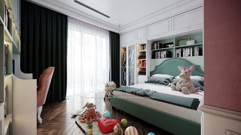 Thiết kế nội thất phòng ngủ bé gái ấn tượng với bố trí giường ngủ, kệ tủ trang trí khoa học giúp không gian thông thoáng tối đa nhưng vẫn đảm bảo công năng, tính thẩm mỹ. Thiết kế nội thất phòng ngủ biệt thự
