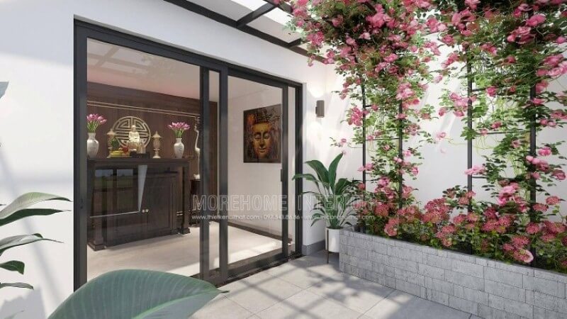 Morehome xin giới thiệu mẫu thiết kế phòng thờ thờ Phật Quan Âm trên đây với tủ thờ làm từ gỗ óc chó cao cấp kết hợp cùng tấm gỗ ốp tường với trọng tâm chữ Thọ tọa điểm tinh tế có phía trước hướng ra vườn hoa tuyệt đẹp sẽ là gợi ý lý tưởng cho không gian nhà phố, biệt thự. Mẫu nội thất biệt thự đẹp