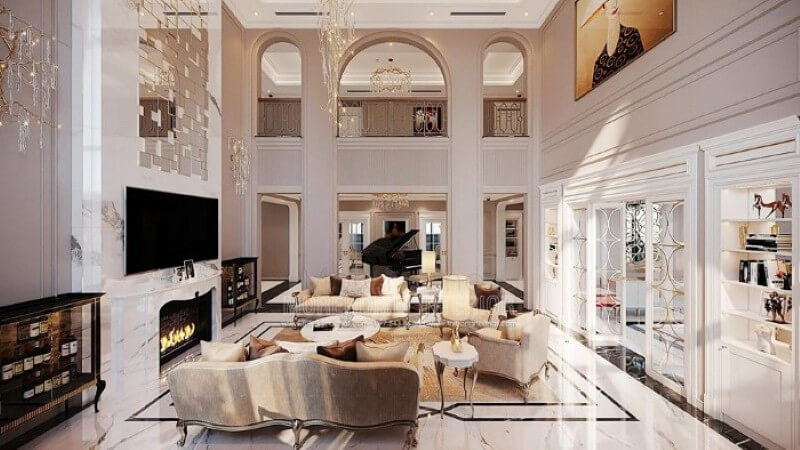 Thiết kế nội thất biệt thự Vinhomes Imperia Hải Phòng ấn tượng với phòng khách thông tầng đẹp, sang trọng. Mẫu nội thất biệt thự đẹp