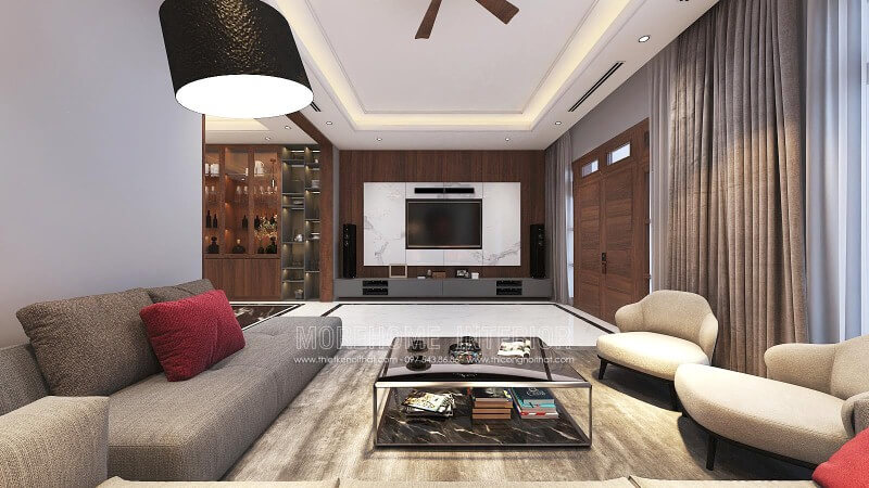 Thiết kế tường phòng khách đẹp với điểm nhấn từ đá trắng vân mây kết hợp cùng gỗ ốp tường cao cấp. Mẫu nội thất biệt thự đẹp