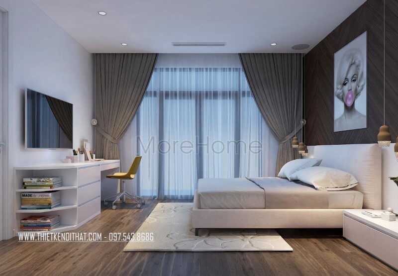 Mẫu bàn làm việc gỗ công nghiệp hiện đại với thiết kế liền kệ sách đơn giản mang đến sự tiện nghi cho người sở hữu