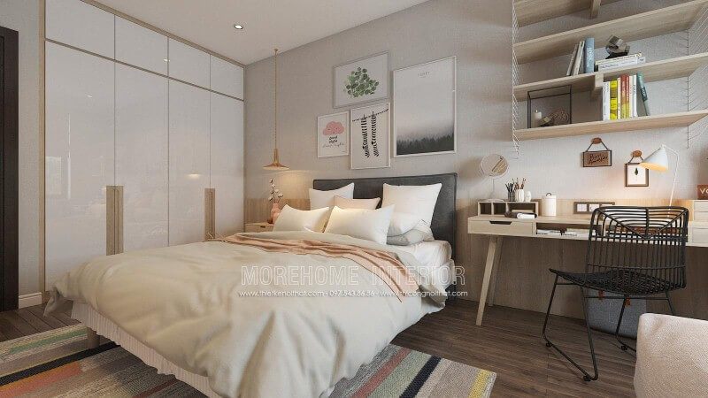 Bàn làm việc cùng kệ trang trí gỗ sồi tone sáng tạo nên góc học tập, làm việc hiện đại, trẻ trung cho phòng ngủ con.