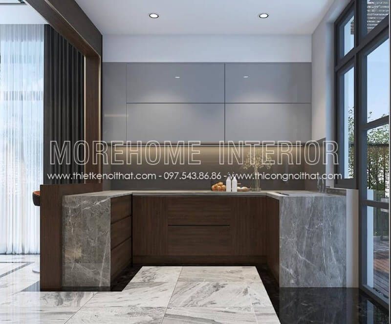 Mẫu tủ bếp đẹp phong cách hiện đại được làm từ chất liệu gỗ công nghiệp nhẹ nhàng phù hợp với nhiều không gian sống như chung cư, biệt thự...