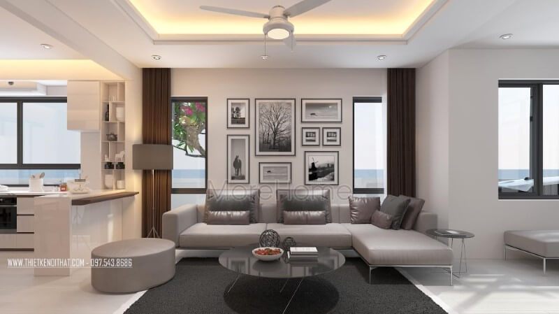 Trang trí nội thất phòng khách hiện đại với tone trầm chủ đạo tạo nên không gian nhẹ nhàng, sâu lắng tại biệt thự Vinhomes Thăng Long Hà Nội.