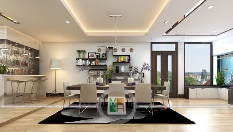 Thiết kế nội thất phòng ăn chung cư tiện nghi với bộ bàn ăn nhỏ gọn kết hợp quầy bar mimi ấn tượng.