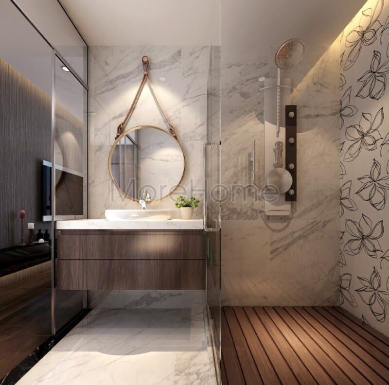 Đá ốp tường nhân tạo vân mây được coi là sự lựa chọn thú vị của gia chủ, không gian phòng tắm thêm phần sạch sẽ và sang trọng hơn