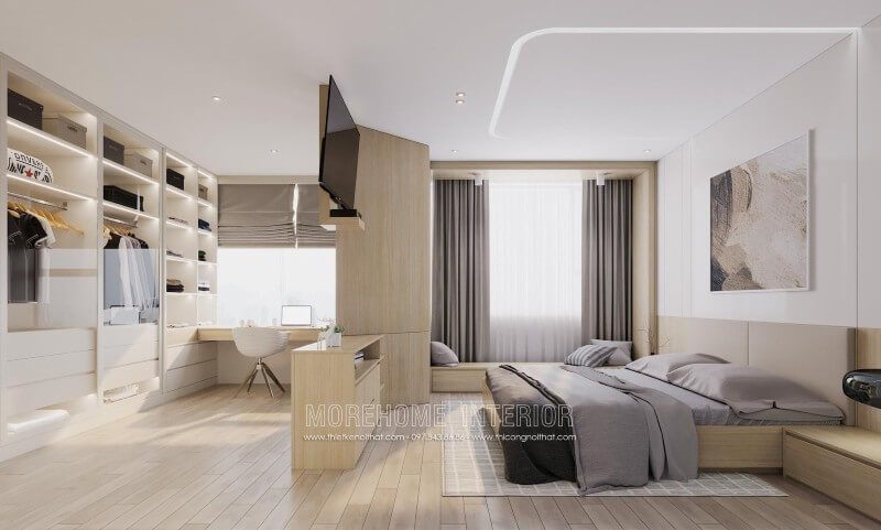 Giường ngủ có thiết kế hiện đại với vật liệu gỗ công nghiệp.