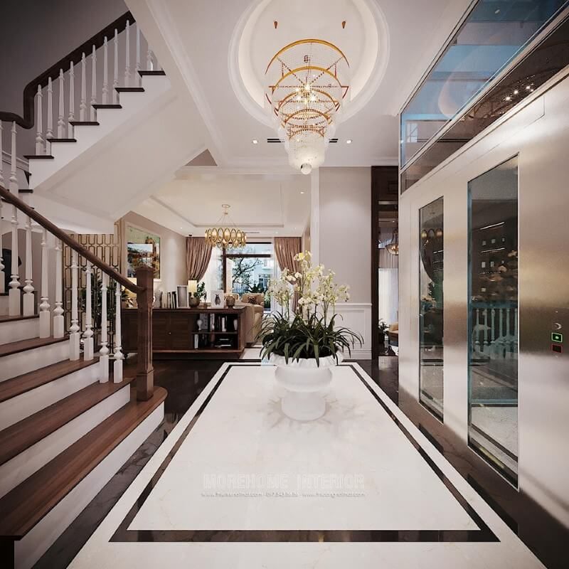 Đẹp mắt và cuốn hút với mẫu đá ốp lát sàn nhà biệt thự màu trắng đệm viền đen sang trọng