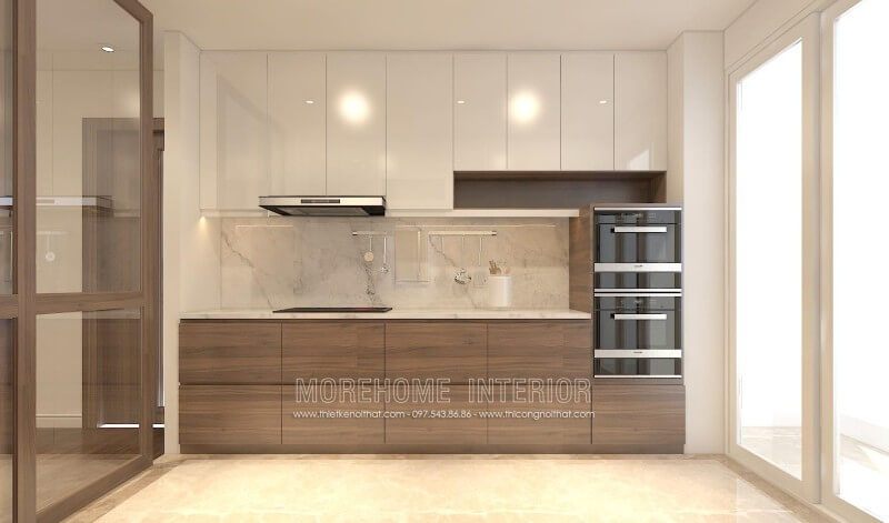 Thiết kế tủ bếp gỗ công nghiệp kịch trần giúp tận dụng không gian để đồ phía trên, rất phù hợp với không gian nhà phố, chung cư nhỏ
