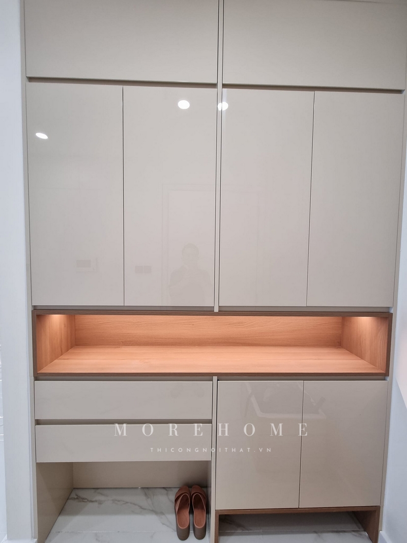 Thi công tủ để giày gỗ công nghiệp hiện đại tiện lợi cho cất trữ sắp xếp, bảo quản được tốt nhất không gian nhà ngăn nắp, thẩm mỹ cao