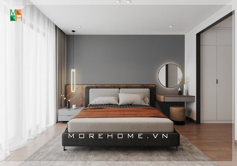 Mẫu thiết kế giường ngủ chân sắt bọc nệm nỉ thân giường và đầu giường màu xám cho phòng ngủ chung cư, nhà phố, biệt thự phong cách hiện đại